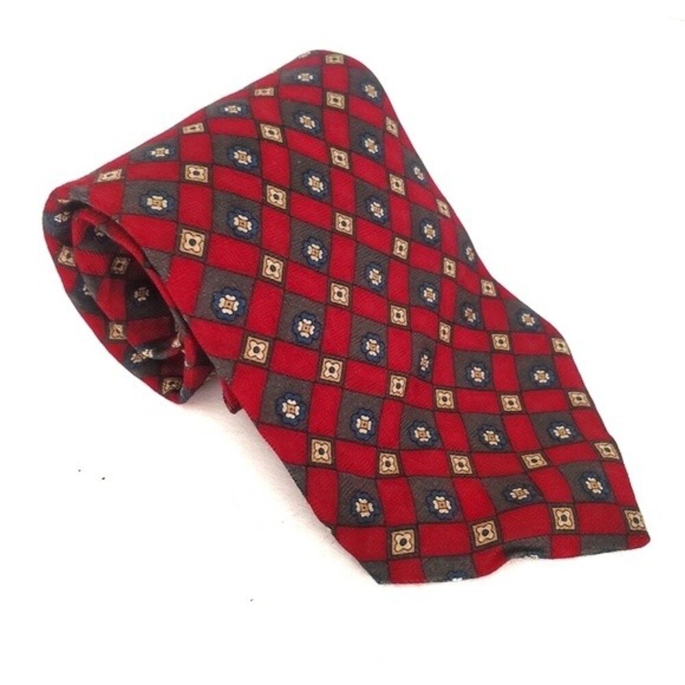 Pierre Balmain Couture Vintage Red 100% Silk Geometric Floral Tie
